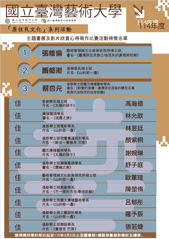 114年度「原住民文化」系列活動主題書展及影片欣賞心得寫作比賽活動成績揭曉